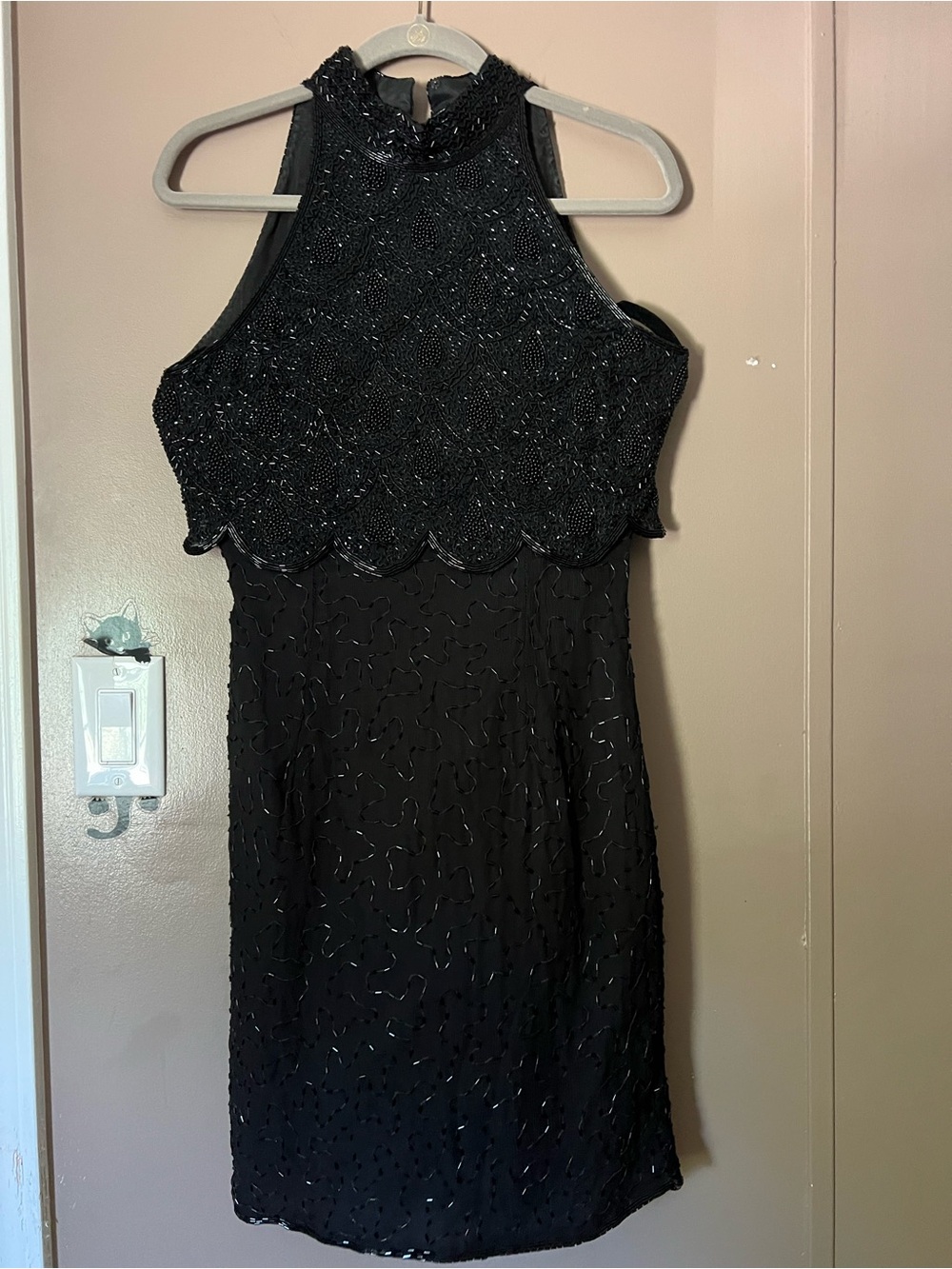 Papell Boutique Black Beaded Halter Mini Dress silk